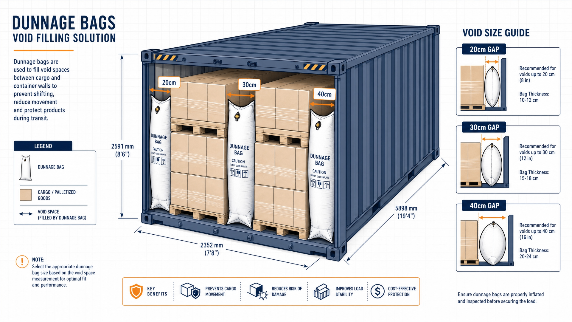 Inflated yellow Amico dunnage bags filling the voids between palletized cargo inside a shipping container, port workers in the background at golden hour