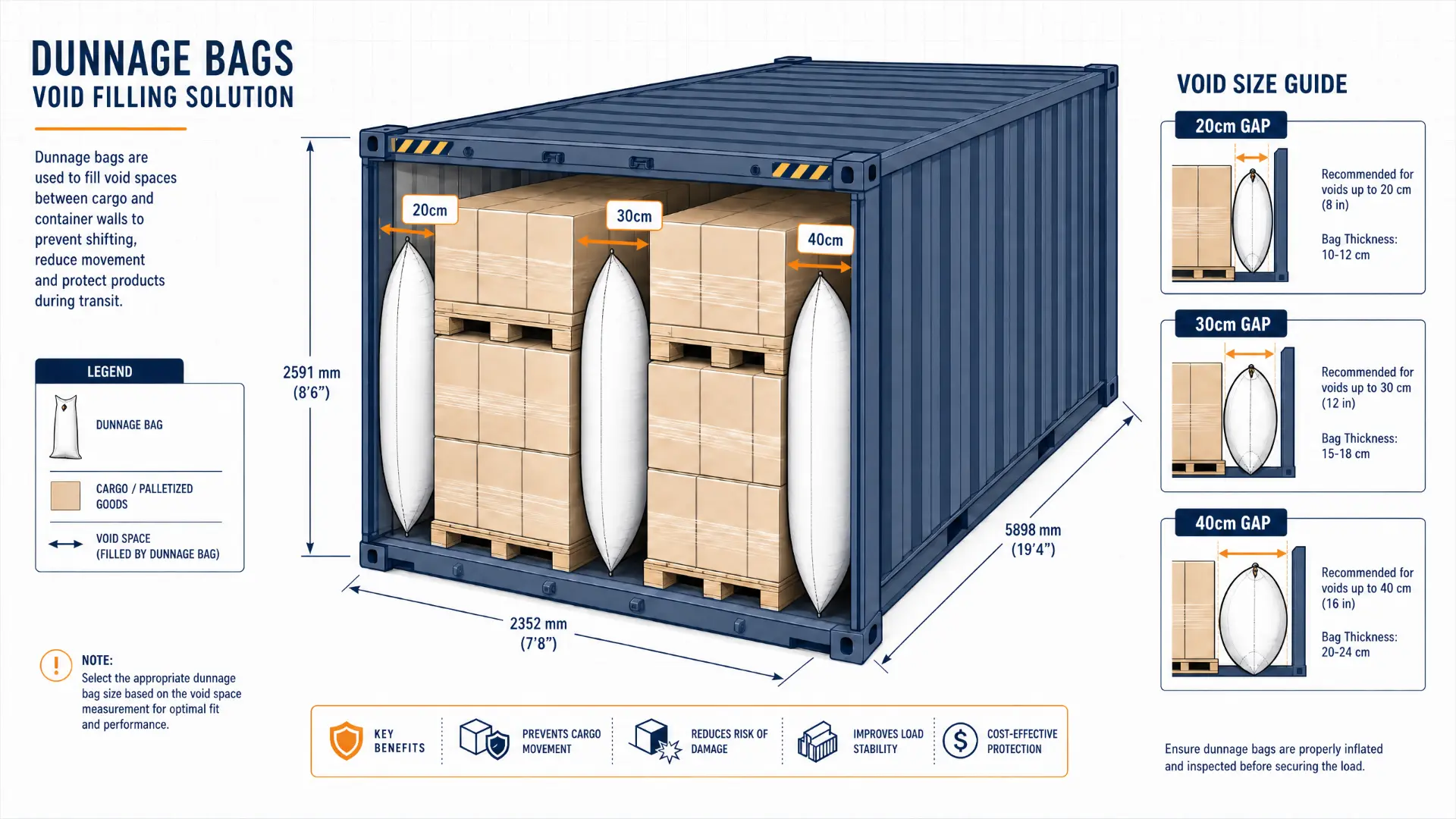 Inflated yellow Amico dunnage bags filling the voids between palletized cargo inside a shipping container, port workers in the background at golden hour